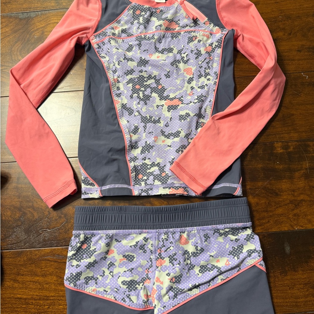Ivivva Pink and Gray Camo Kids Swim Rashguard Set